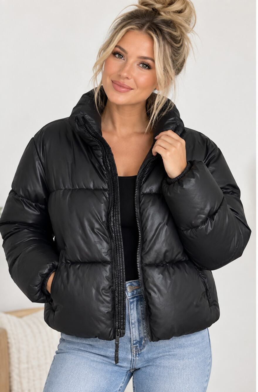 Old Navy Women’s Black Shiny Puffer Jacket Full Zip High Collar Winter Coat